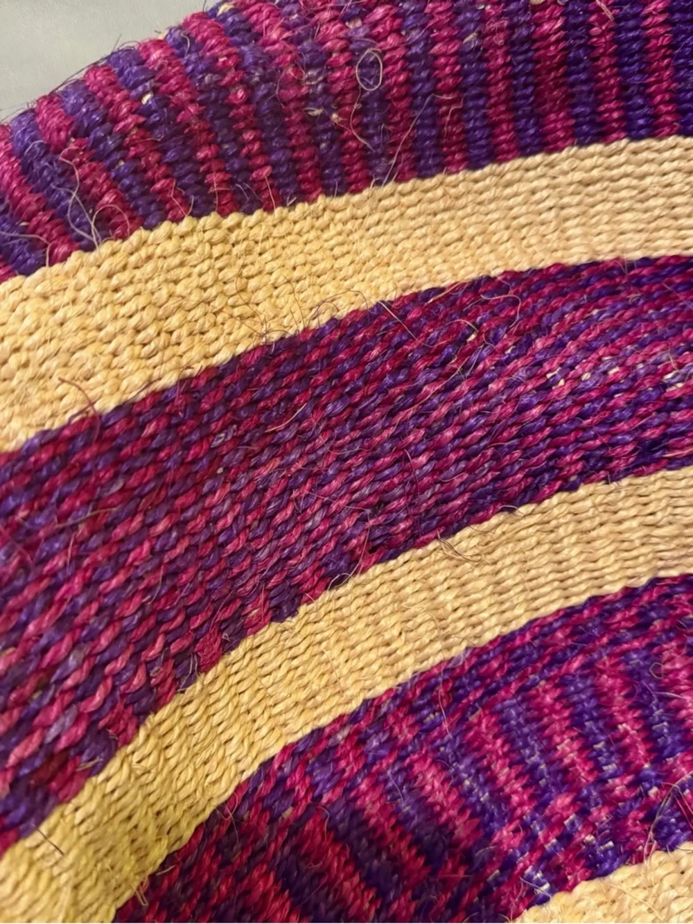 Woven Straw Tote Bag in Purple & Cream with Leather Straps Made in Kenya - Picture 3 of 9